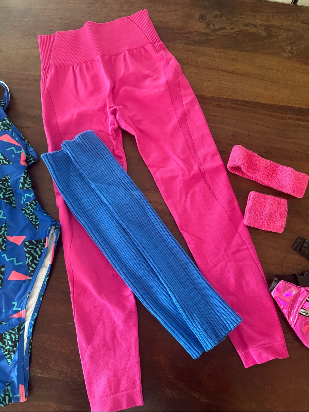 Women’s Totally 80s Body Suit, Hot Pink Leggings with Blue Leg Warmers